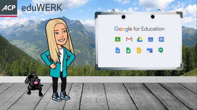 Berg- Kulisse mit einem schwarzen Mops und einer blonden Frau, die auf eine Tafel mit Google Tools schaut.