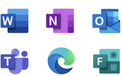 Übersicht der Microsoft 365 Icons Word, OneNote, Outlook, Teams, Edge und Forms